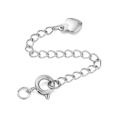 Stainless Steel Color 304 Stainless Steel Curb Chain Extender, End Chains with Spring Ring Clasps & Heart Charms, Stainless Steel Color, 62mm