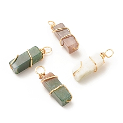 Indian Agate Natural Indian Agate Pendants, with Golden Tone Copper Wire Wrapped, Cuboid, 19~20x6x6mm, Hole: 2.5~3mm