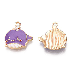 Pourpre Moyen Pendentifs en alliage de zinc respectueux de l'environnement, avec l'émail, sans cadmium et sans nickel et sans plomb, forme de baleine, or et de lumière, support violet, 19x17~18x2mm, Trou: 1.8mm