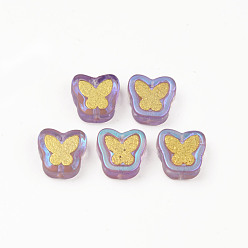 Orchid Electroplate Transparent Handmade Lampwork Beads, with Golden Plated Brass Findings, Butterfly, Orchid, 11x11x4mm, Hole: 1mm