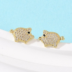 Настоящее золото 18K Серьги-гвоздики в форме свиньи с микропаве из прозрачных кубических цирконий из латуни, долговечная тарелка, стойки покрытие, без свинца и без кадмия, реальный 18 k позолоченный, 8x12.5 мм