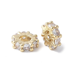 Настоящее золото 18K Латунные микропаве прозрачные кубики из циркония, стойки покрытие, долговечный, без кадмия и без свинца, плоско-круглые, реальный 18 k позолоченный, 7.5x2.5 мм, отверстие : 3.2 мм