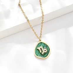 Козерог 304 ожерелья с подвесками в виде созвездий из нержавеющей стали с микропаве из кубического циркония, с синтетическим малахита, золотые, Козерог, 17.72 дюйм (45 см) в длину + 50 удлинитель мм