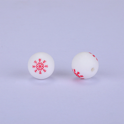 White Christmas Printed Round with Snowflake Pattern Silicone Focal Beads, White, 15x15mm, Hole: 2mm