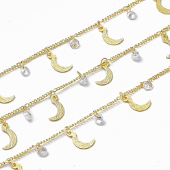 Real 18K Gold Plated Handmade Brass Curb Chains, with Moon & Clear Cubic Zirconia Charms, Soldered, with Spool, Real 18K Gold Plated, Link: 2x1.5x0.3mm