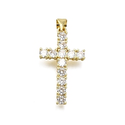 Настоящее золото 18K Латунные микро проложить кубического циркония подвески, крестик, долговечный, без свинца и без кадмия, стойки покрытие, реальный 18 k позолоченный, 28x16x3 мм, отверстие : 4.5x3.5 мм