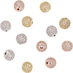 Mixed Color Rack Plating Brass Cubic Zirconia Beads, Long-Lasting Plated, Round, Mixed Color, 6x6mm, Hole: 1.5mm, 12pcs/box