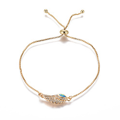Blue Adjustable Brass Bolo Bracelets, Slider Bracelets, Box Chains, with Synthetic Opal and Cubic Zirconia, Wing, Blue, 9-3/4 inch(24.7cm), 1mm