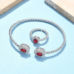 (123L) Белый крем непрозрачный блеск Овальные латунные браслеты-манжеты и кольца с микропаве из кубического циркония для женщин, стойки покрытие, платина, огнеупорный кирпич, браслет: 3~11.5ширина мм, 61x52 мм внутренним диаметром