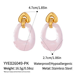 Pearl Pink 304 Stainless Steel Stud Dangle Earrings for Women, with Resin, Nuggets, Real 18K Gold Plated, Pearl Pink, 47x27mm