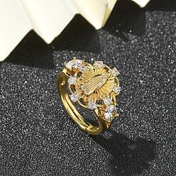 Oval Кольца на палец с прозрачным кубическим цирконием на тему Девы Марии, украшения из латуни для женщин, долговечный, стойки покрытие, без свинца и без кадмия, реальный 18 k позолоченный, овальные, 15.5x19 мм, внутренний диаметр: 16 мм