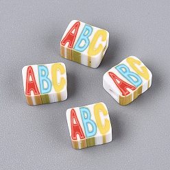 Mixed Color Handmade Polymer Clay Beads, Cuboid & Letter ABC, Mixed Color, 8.5~9x7x4~5mm, Hole: 2mm