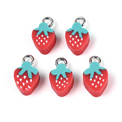 Red Handmade Polymer Clay Charms, with Platinum Tone Iron Findings, Strawberry, Red, 14.5~15.5x8.5~10x4mm, Hole: 1.8mm