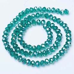 Dark Cyan Electroplate Glass Beads Strands, AB Color Plated, Faceted, Rondelle, Dark Cyan, 3.5x3mm, Hole: 0.4mm, about 123~127pcs/strand, 13.7~14.1 inch(35~36cm)