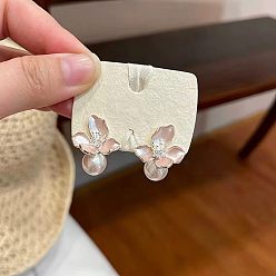 Misty Rose Alloy & Imitation Pearl Stud Earrings, Flower, Misty Rose, 25mm