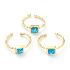 Небесно-голубой Синтетические кольца из опалового кольца, открытые кольца, с латунной фурнитурой , квадратный, реальный 18 k позолоченный, голубой, размер США 5, внутренний диаметр: 16 мм