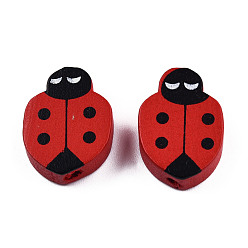 Dark Red Spray Painted Wood Big Beads, with Single-Sided Printed Beads, Ladybird Charm, Dark Red, 19~20x14~14.5x6mm, Hole: 1.6mm, about 710pcs/500g
