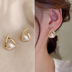 Triangle Alloy Imitation Pearl Stud Earrings for Women, with 925 Sterling Silver Pin, Triangle, 18x12mm
