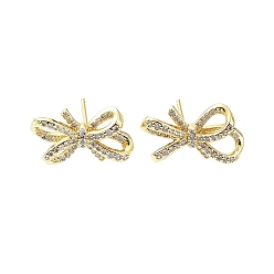 Real 18K Gold Plated Rack Plating Brass Micro Pave Cubic Zirconia Stud Earring, Cadmium Free & Lead Free, Long-Lasting Plated, Bowknot, Real 18K Gold Plated, 11x18mm