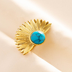 Синтетическая Бирюза Регулируемые 304 манжеты из нержавеющей стали с открытыми кольцами для женщин, цветок, с синтетическими бирюзовый, золотые, 26 мм, внутренний диаметр: 17 мм