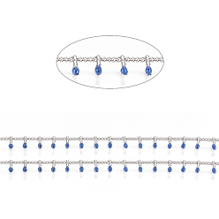 Blue Brass Handmade Beaded Chain, Curb Chains, with Enamel, Long-Lasting Plated, Unwelded, with Spool, Blue, 2x1.5x0.8mm, Charm: 6x2x2mm, about 32.8 Feet(10m)/roll