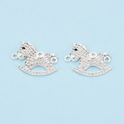 Посеребрённый Подвески-коннекторы из латунных микрофибрилл с прозрачными и черными кубическими цирконами, ссылки на лошадку-качалку, 925 серебро покрытием, 14.5x18.5x3 мм, отверстие : 1.2 мм