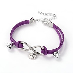 Темно-Фиолетовый Кожаный шнур латунь бесконечности ссылка браслеты, с выводами тибетском стиле и латуни омаров коготь застежками, темно-фиолетовый, 180 мм