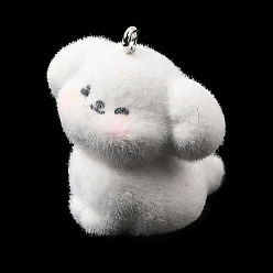 Собака Флокированные подвески из непрозрачной смолы, с платиновыми тоновыми железными петлями, белые, собачий шарм, 29.5x29x25 мм, отверстие : 2 мм