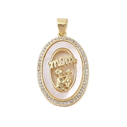 Oval Латунные микропаве прозрачные подвески с фианитом, без кадмия и без свинца, с подвесками из ракушек, коллекция ко Дню матери, реальный 18 k позолоченный, овальные, 27.5x17.5x4.5 мм, отверстие : 3.5x4 мм