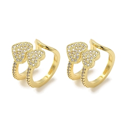 Настоящее золото 18K Серьги-каффы из латуни с микропаве и прозрачным фианитом, 2-нити, двойное сердце, женские серьги-манжеты, без кадмия и без свинца, долговечный, реальный 18 k позолоченный, 15x12 мм