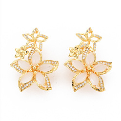Настоящее золото 18K Застежки-твистеры из латуни с микропейвом и прозрачным фианитом, с оболочкой, без никеля , цветок, реальный 18 k позолоченный, 34x24x12 мм, отверстие : 1 мм
