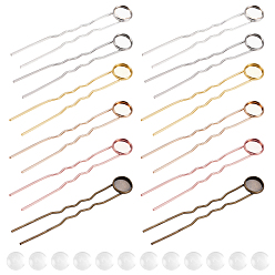 Mixed Color DIY Hair Fork Kits, Including Iron Hair Fork Findings, U-Shape, Flat Round Brass Cabochon Settings, Transparent Glass Cabochons, Mixed Color, Tray: 10mm, 78x12x3mm, 6 colors, 4pcs/color, 24pcs