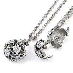 Black Brass Enamel with Rhinestone Pendant Necklaces, Iron Rolo Chains, Round with Flower Pattern, Platinum, Black, 31.89 inch(810mm)