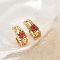 Квадрат Серьги шпилька нержавеющая сталь, золотые, со стеклом, квадратный, 25x12 мм