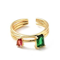 Разноцветный Кубический цирконий прямоугольное кольцо-капля открытое кольцо-манжета, настоящие позолоченные украшения из латуни для женщин, без кадмия и без свинца, красочный, размер США 18 6 (3/4 мм)