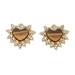 Tiger Eye Natural Tiger Eye Pendants, 304 Stainless Steel Crystal Rhinestone Heart Bezeled Charms, Ion Plating(IP), Real 14K Gold Plated, 14x16x2.5~3mm, Hole: 0.9mm