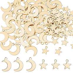 Настоящее золото 18K 100шт. 2 стильный набор подвесок из нержавеющей стали, звезда и луна, реальный 18 k позолоченный, 10~16x8~11x0.8~0.9 мм, отверстие : 1.4~1.5 мм, 50 шт / стиль