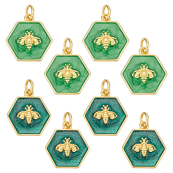 Морско-зеленый 8 шт. 2 стили стойка покрытие латунь эмаль подвески, с целью перехода в кольце, реальный 18 k позолоченный, шестиугольник с пчелой, цвета морской волны, 14.5~15x14x2.5 мм, отверстие : 3~3.6 мм, 4 шт / стиль