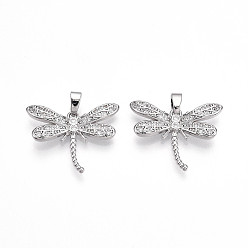 Platinum Brass Micro Pave Cubic Zirconia Pendants, Cadmium Free & Lead Free, Dragonfly Charms, Platinum, 17x22x3mm, Hole: 5x2.5mm