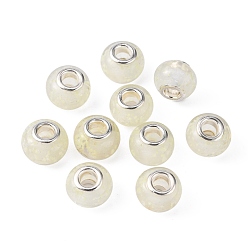 White Glow In The Dark Handmade Luminous Style Lampwork Large Hole European Beads, with Silver Tone Brass Cores, Rondelle, White, 14x9~10mm, Hole: 5mm