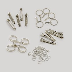 Platinum 1Set Assorted Iron Findings including 5pcs Iron Flat Alligator Hair Clips, 5pcs Iron Pad Ring Bases, 5pcs Iron Keychain, 5pcs Iron Pin Backs, 2g Iron Jump Rings, Platinum, 6x0.7mm