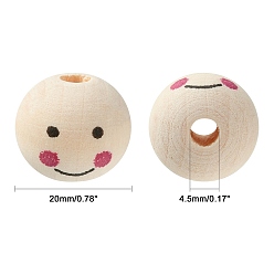 PapayaWhip Natural Wood Beads, Large Hole Beads, Round with Smile Face, PapayaWhip, 19~20x17.5~18mm, Hole: 4.5mm, about 200pcs/500g