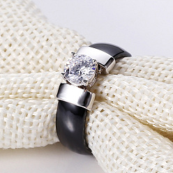 Черный Плоские круглые фарфоровые перстни для женщин и мужчин, с четким кубического циркония, платина, чёрные, размер США 9 (18.9 мм)