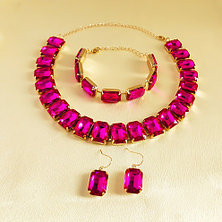 Фуксин Наборы из ожерелий, браслетов и серег из сплава и стекла с прямоугольными звеньями, золотые, фуксиново-красные, 475 мм