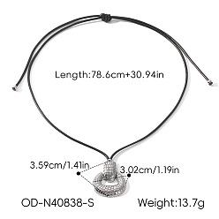Couleur Acier Inoxydable 304 Collier avec pendentif anneau ovale texturé en acier inoxydable et cordon tressé noir ciré ajustable, couleur inox, 30.63 pouce (77.8 cm)