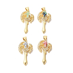Mixed Color Axe Shapes Rack Plating Brass Cubic Zirconia Pendants, with Enamel & Shell, Long-Lasting Plated, Lead Free & Cadmium Free, Real 18K Gold Plated, Mixed Color, 31x16x3mm, Hole: 4x5mm