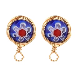 Blue Handmade Millefiori Lampwork Earring Stud Settings and Ear Nuts, with 304 Stainless Steel Findings and Copper Wire, Blue, 10mm, Hole: 2.5mm, Pin: 0.6mm