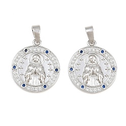 Platino Colgantes de latón con microengaste de circonitas cúbicas azul marino., redondo plano con encantos de la virgen maría, Platino, 18.5x16x2.5 mm, agujero: 4.5x2.5 mm