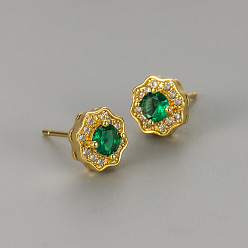 Темно-Зеленый Серьги-гвоздики из латуни с прозрачными кубическими циркониями ко Дню святого Валентина, цветок, золотые, темно-зеленый, 8x8 мм