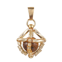 Седло Коричневый Подвески из натурального тигрового глаза и стеклянных бусин ручной работы круглой формы, с кнопкой на поруки, золотые, седло коричневый, 17.5x15x15 мм, отверстие : 5.5x2.5 мм